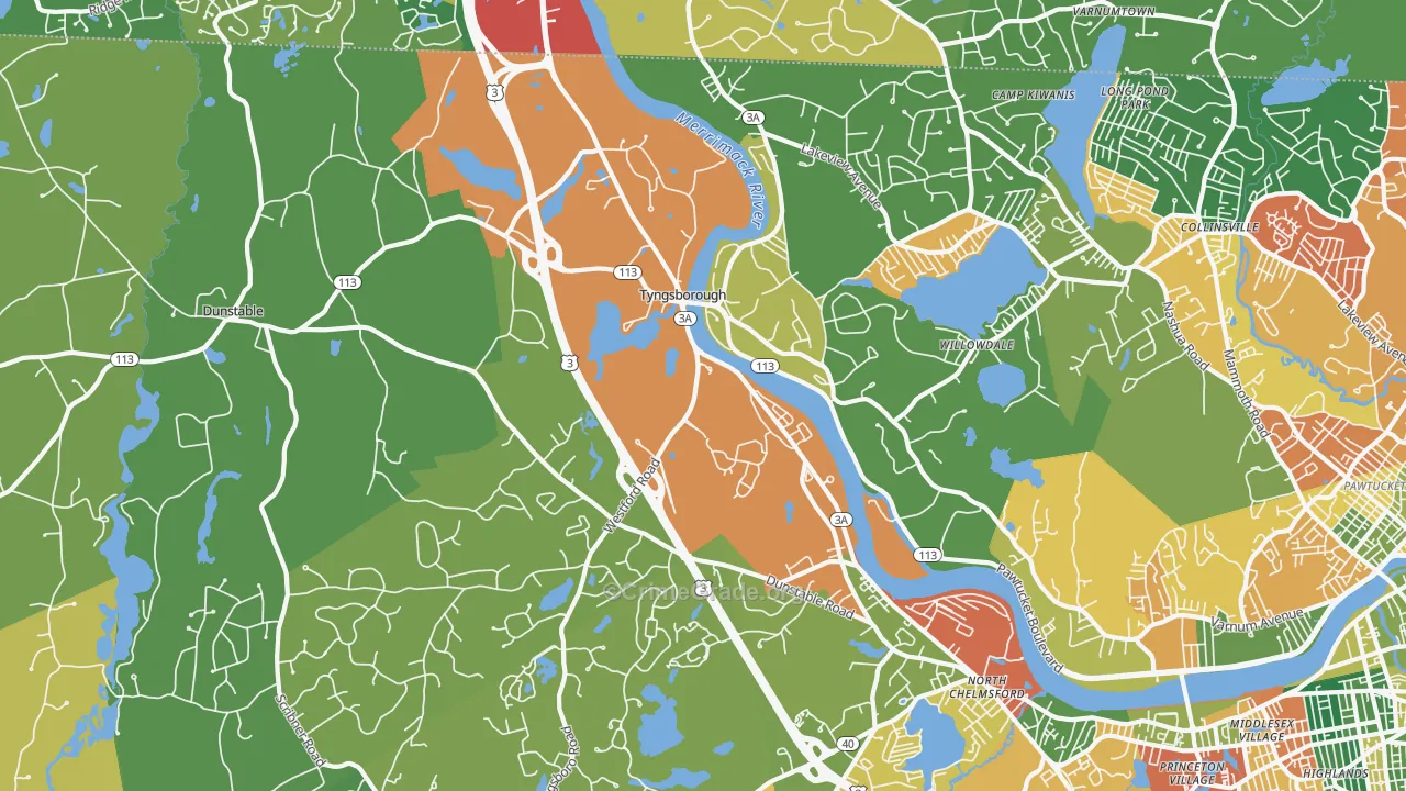 Tyngsboro, MA Map of Burglary Rates