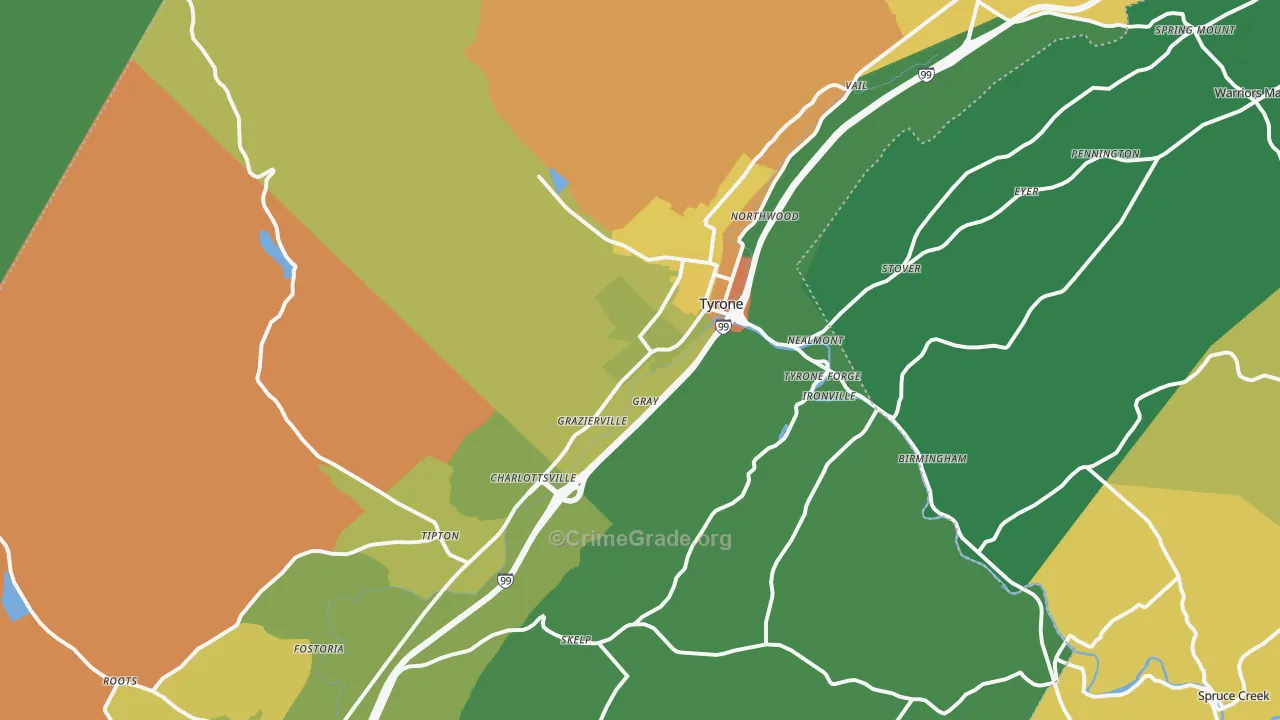 Tyrone, PA Map of Burglary Rates