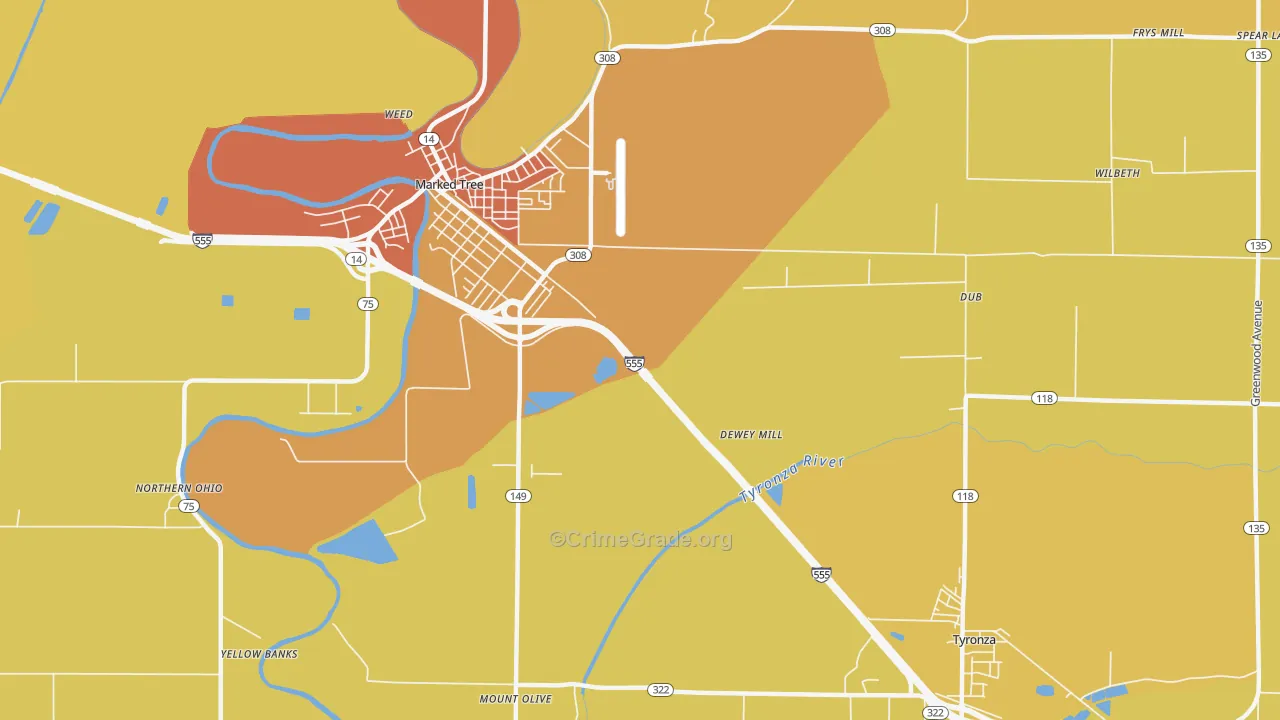 Tyronza Junction, AR Map of Burglary Rates