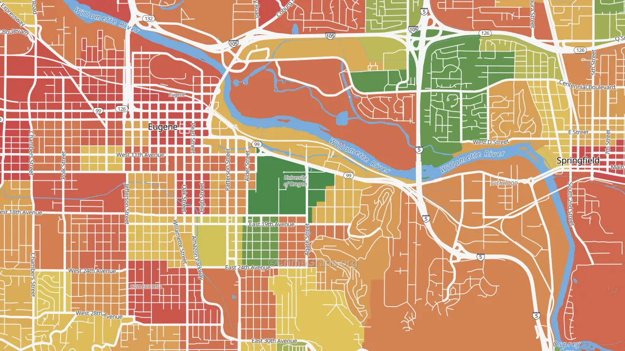 U of O Campus, Eugene, OR Map of Burglary Rates