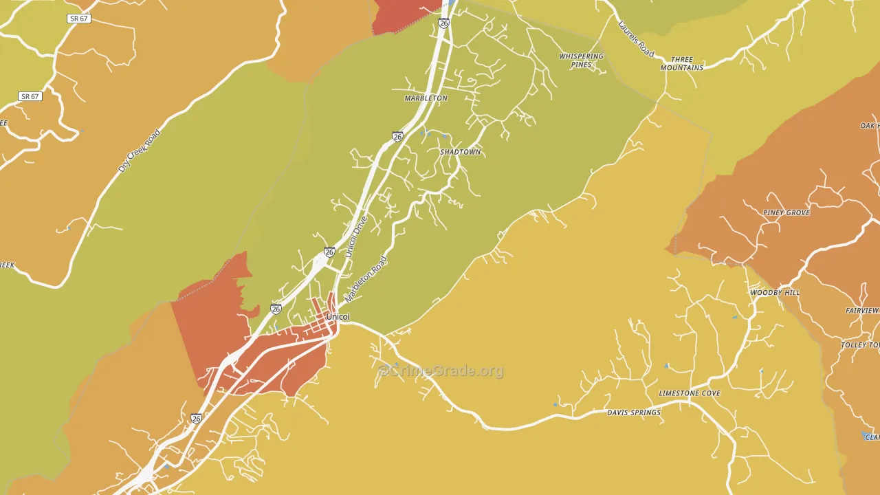 Unicoi, TN Map of Burglary Rates