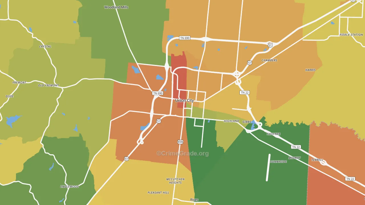 Union City, TN Map of Burglary Rates