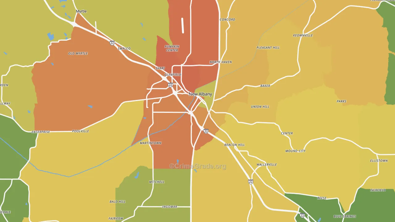 Union County, MS Map of Burglary Rates