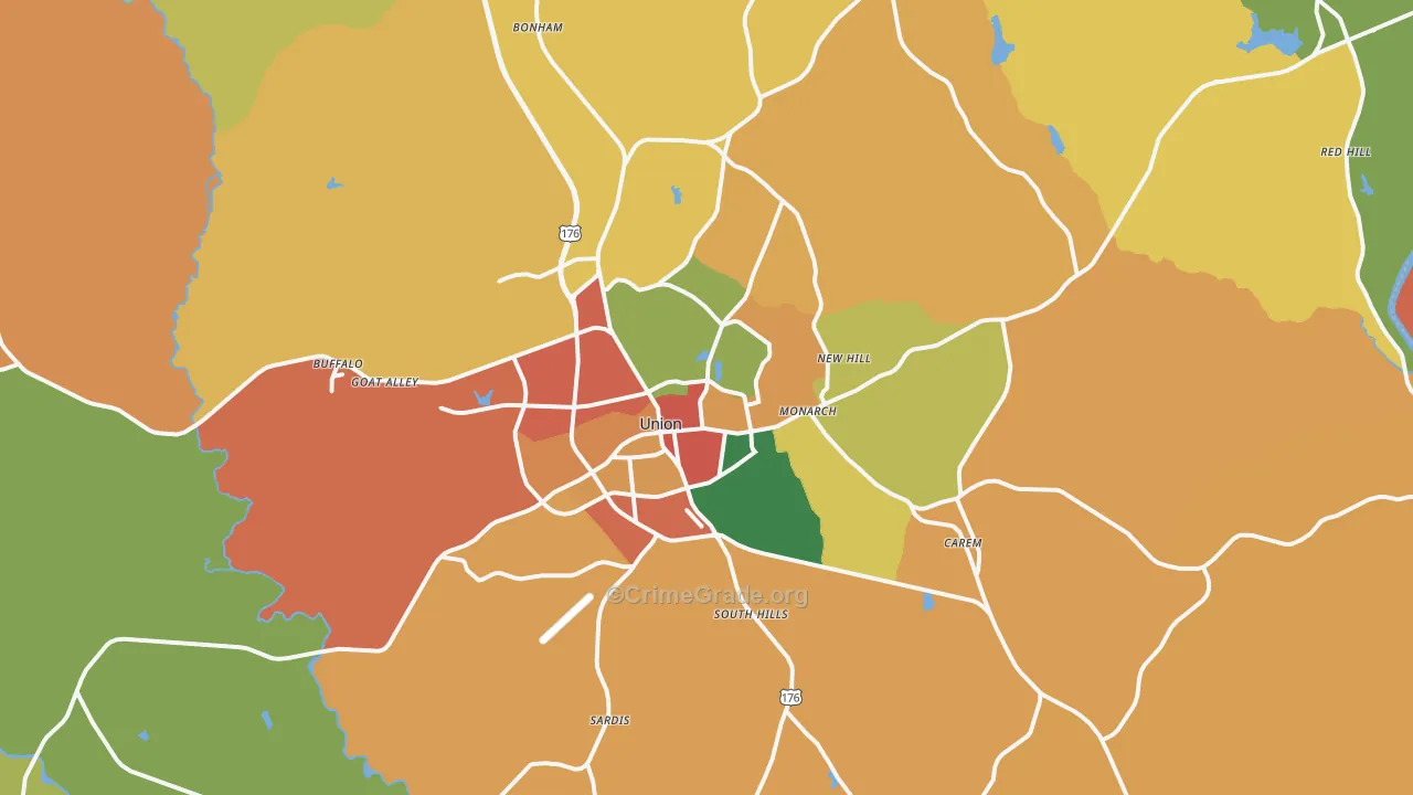 Union, SC Map of Burglary Rates