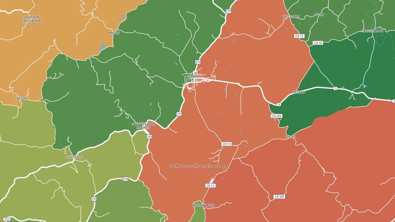 Union, WV Map of Burglary Rates
