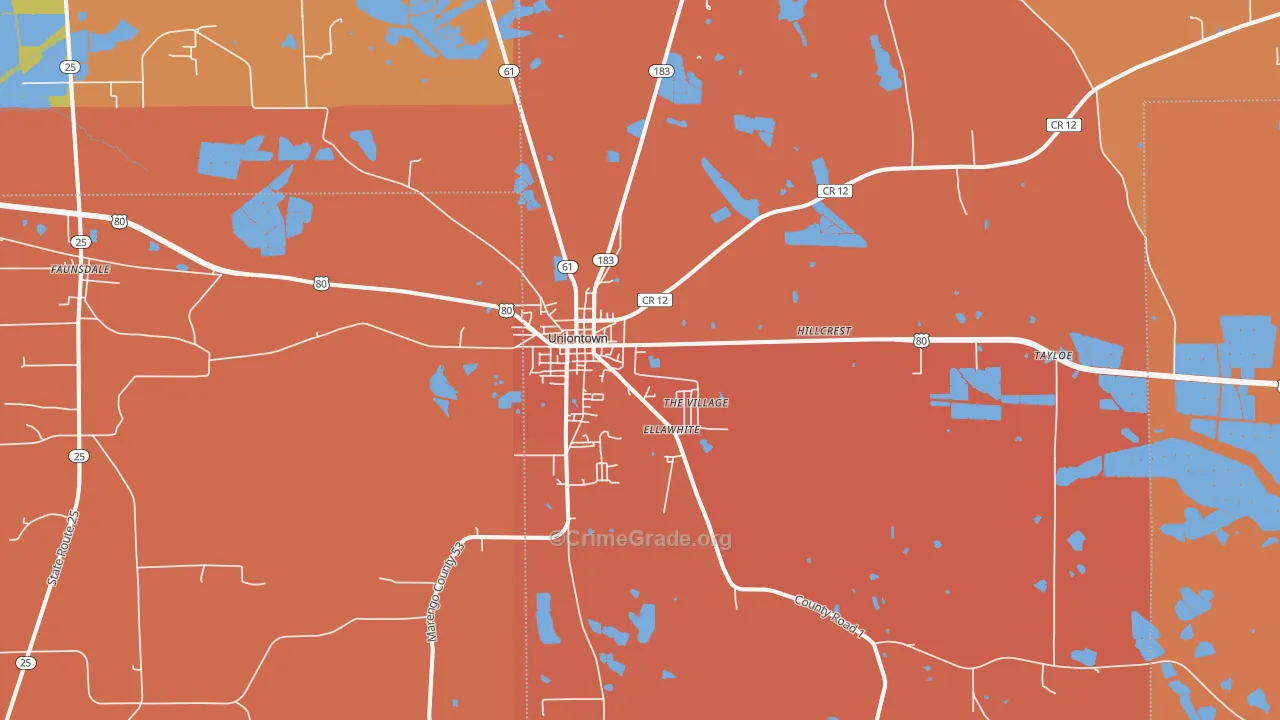 Uniontown, AL Map of Burglary Rates