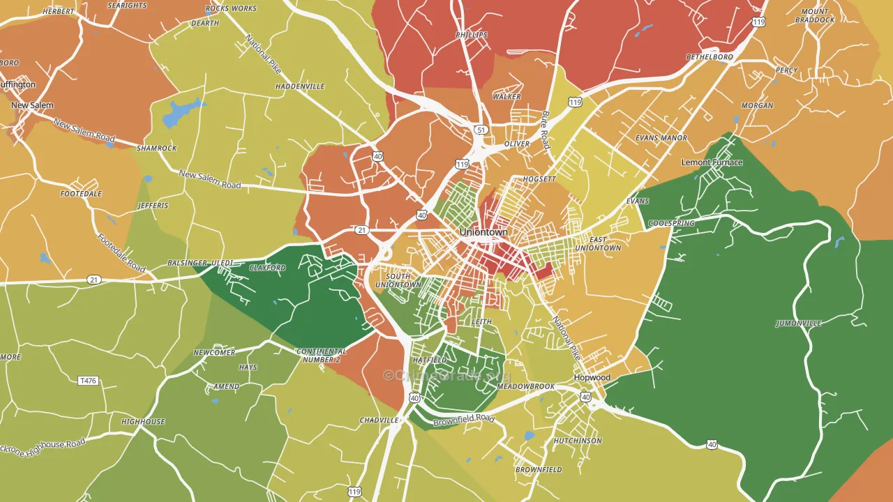 Uniontown, PA Map of Burglary Rates