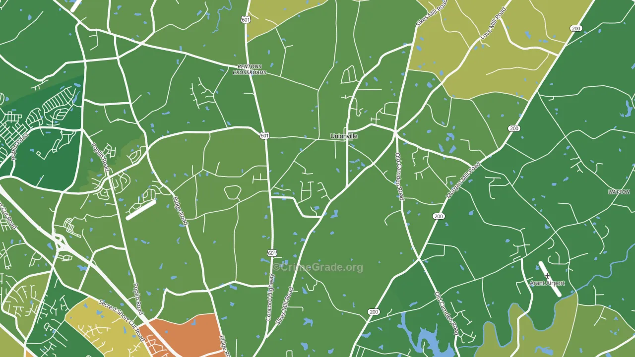 Unionville, NC Map of Burglary Rates