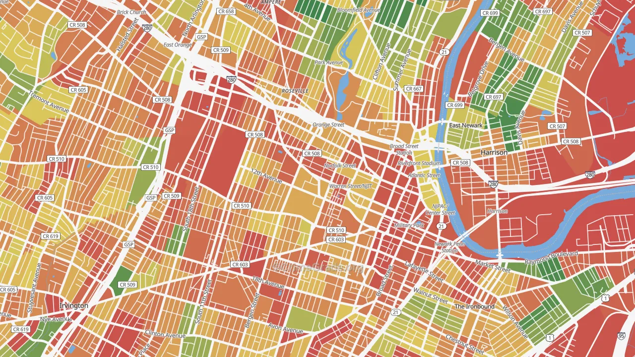 University Heights, Newark, NJ Map of Burglary Rates