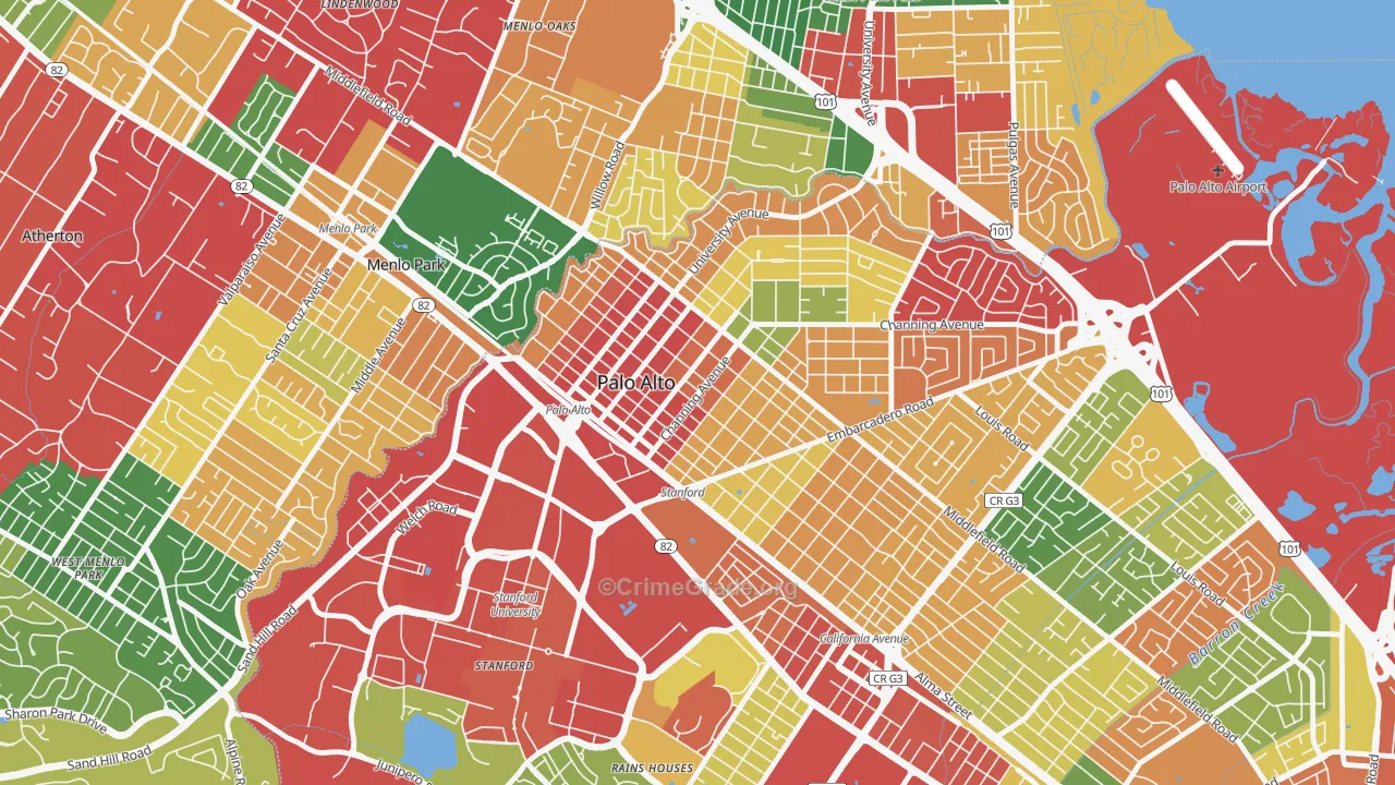 University South, Palo Alto, CA Map of Burglary Rates