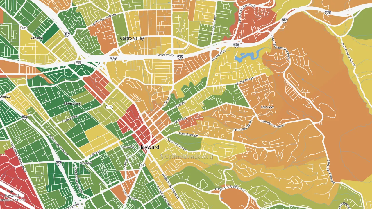 Upper B Street, Hayward, CA Map of Burglary Rates