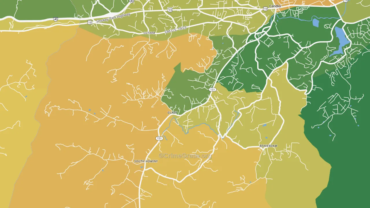 Upper Hominy, NC Map of Burglary Rates
