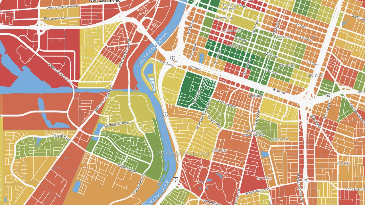 Upper Land Park, Sacramento, CA Map of Burglary Rates
