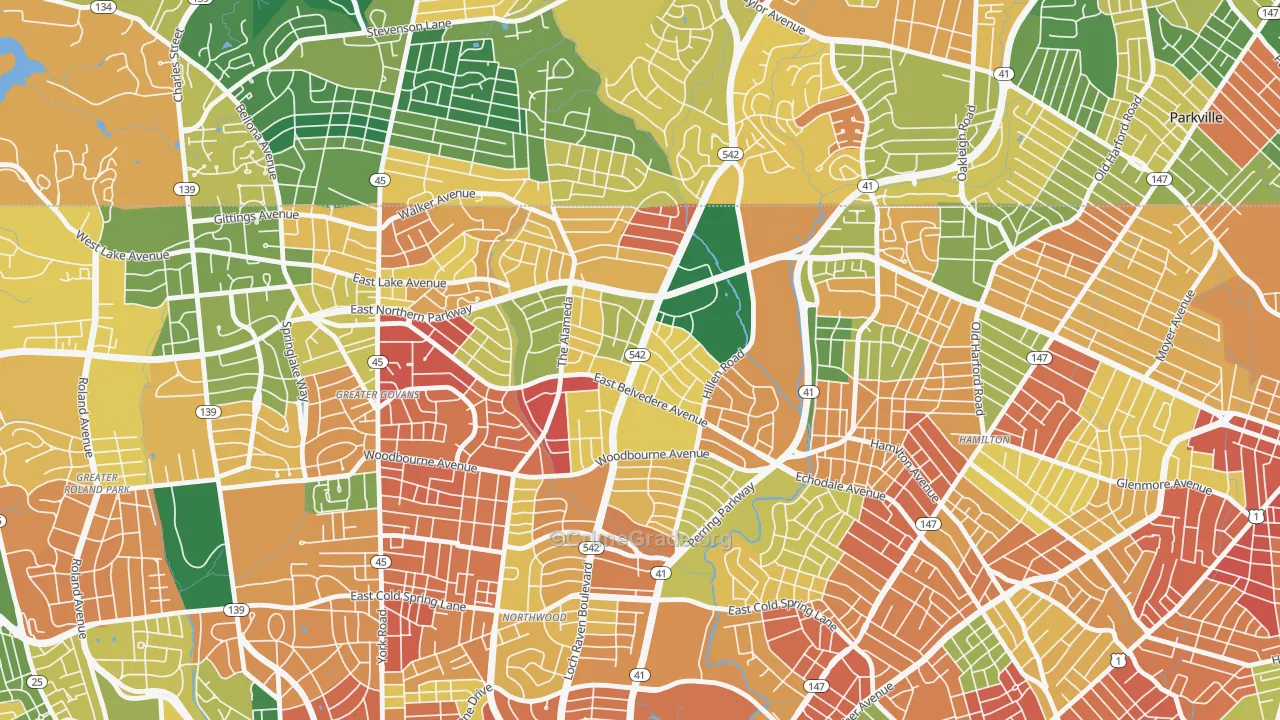 Upper Northwood, Baltimore, MD Map of Burglary Rates