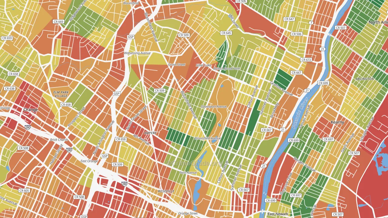 Upper Roseville, Newark, NJ Map of Burglary Rates