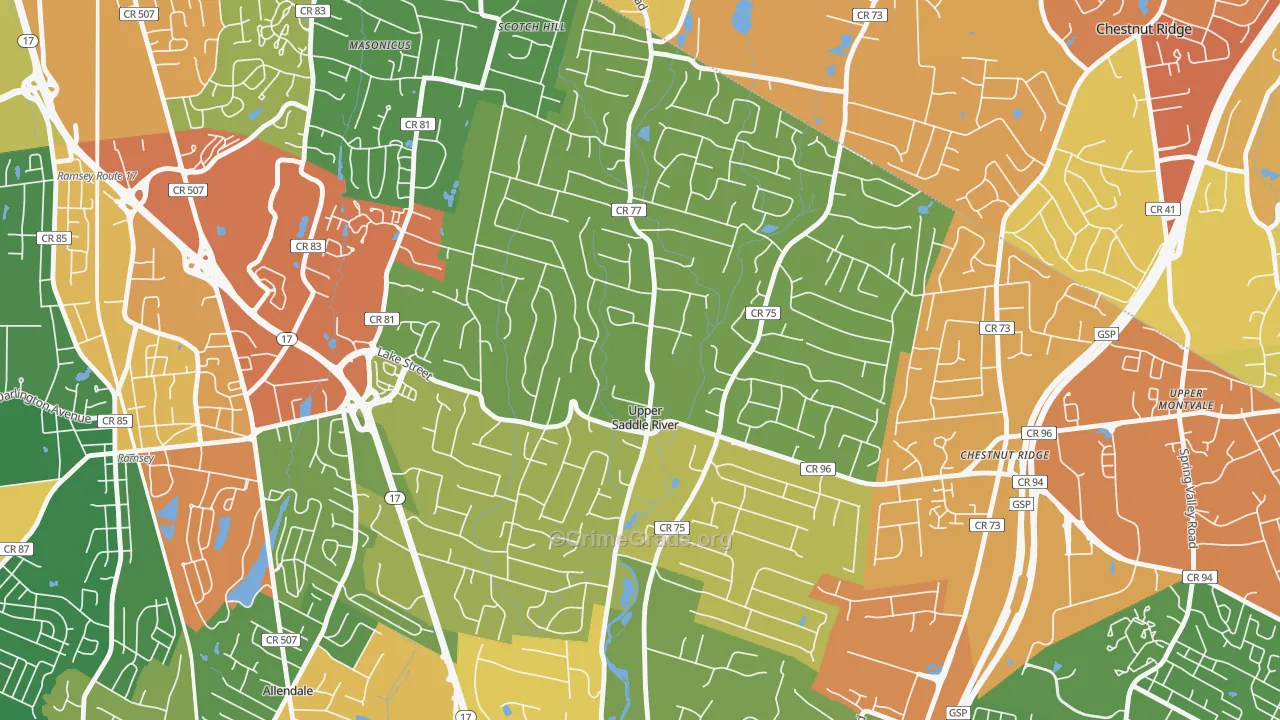 Upper Saddle River, NJ Map of Burglary Rates
