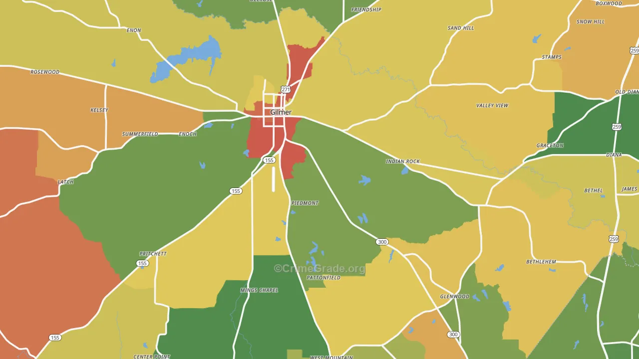 Upshur County, TX Map of Burglary Rates