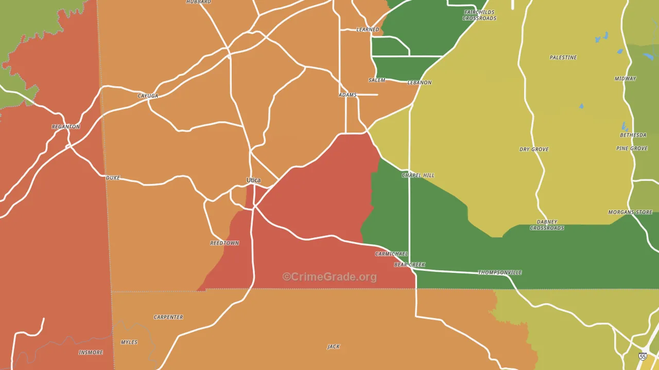 Utica, MS Map of Burglary Rates