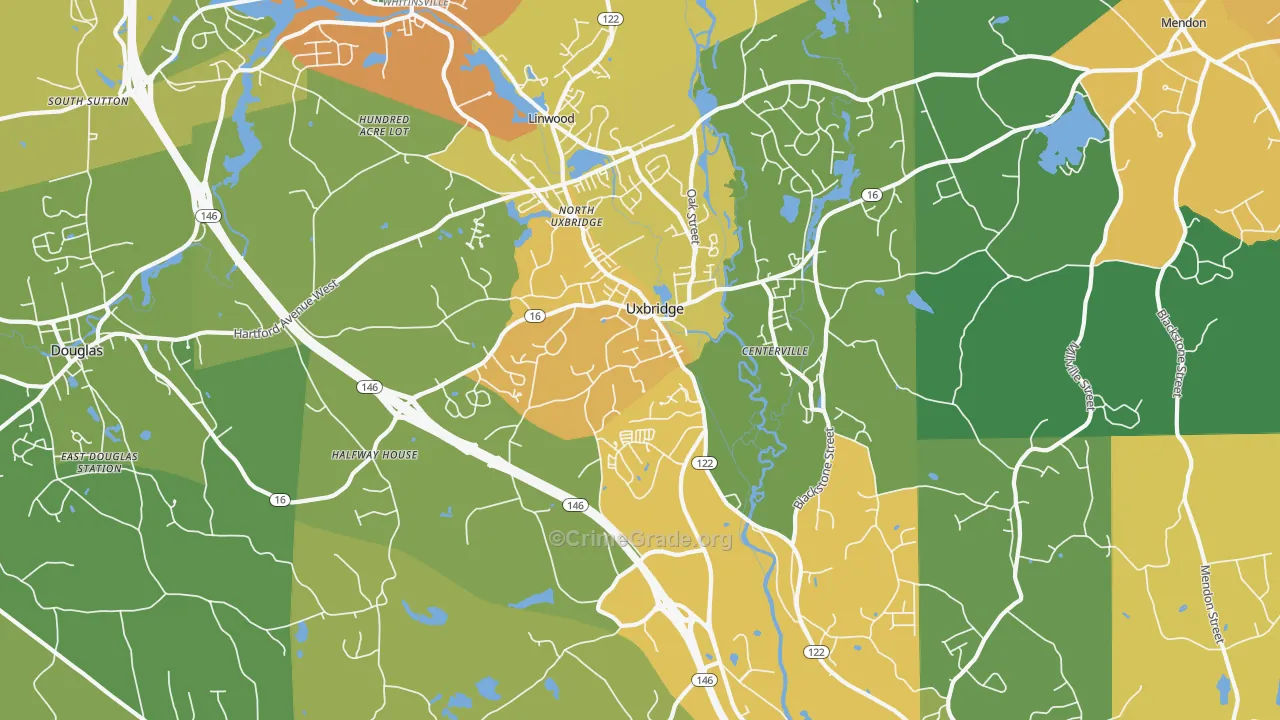 Uxbridge, MA Map of Burglary Rates