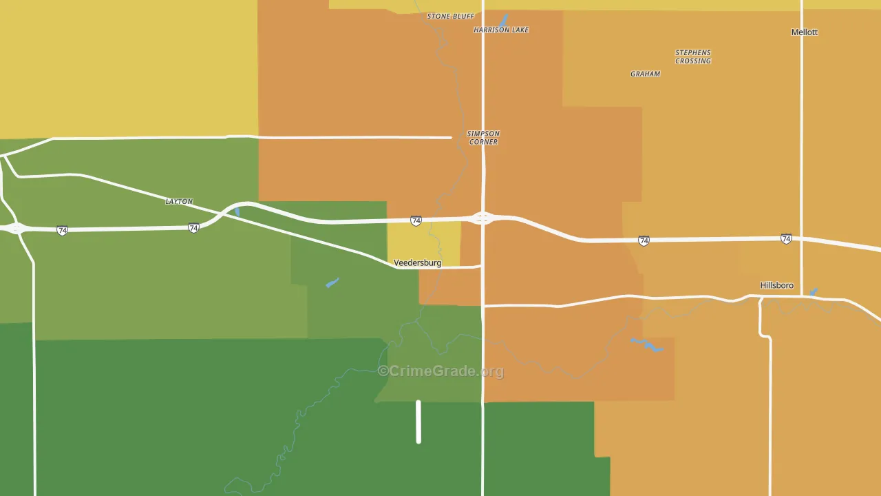 Veedersburg, IN Map of Burglary Rates