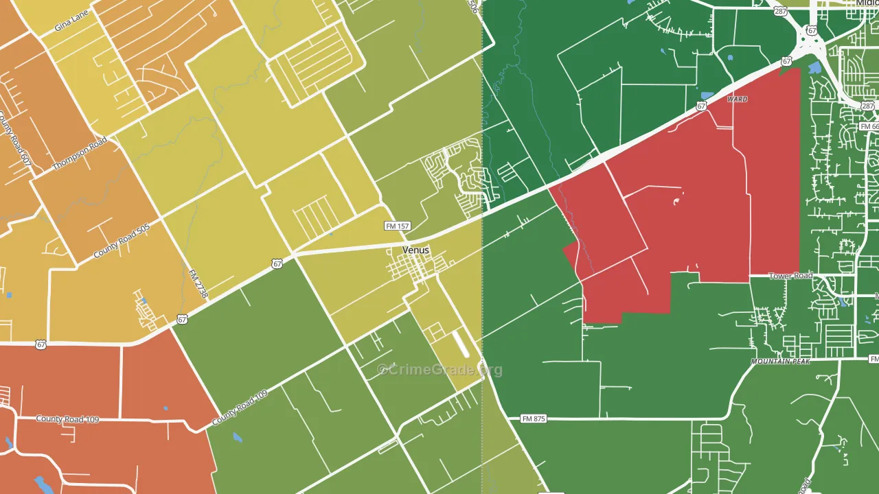 Venus, TX Map of Burglary Rates