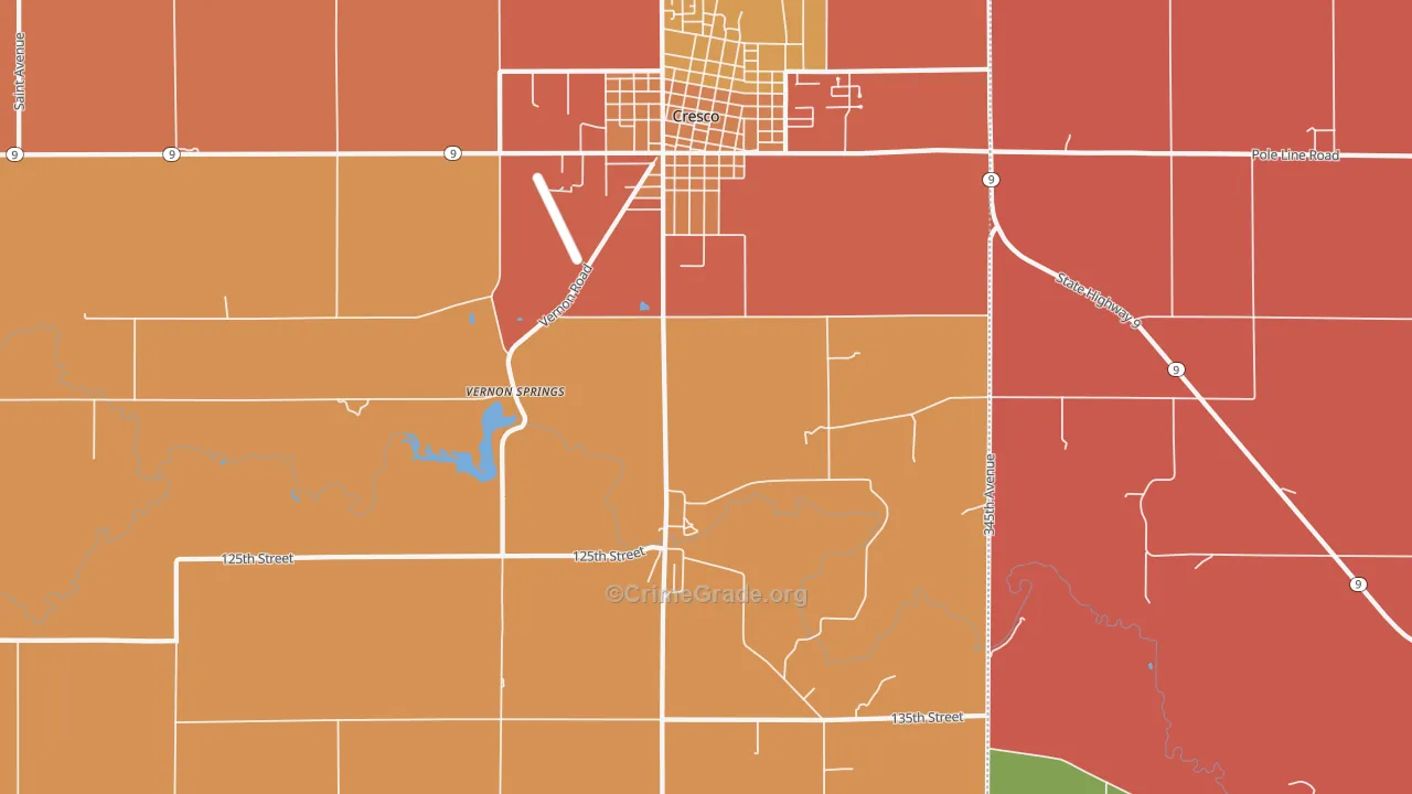 Vernon Springs, IA Map of Burglary Rates