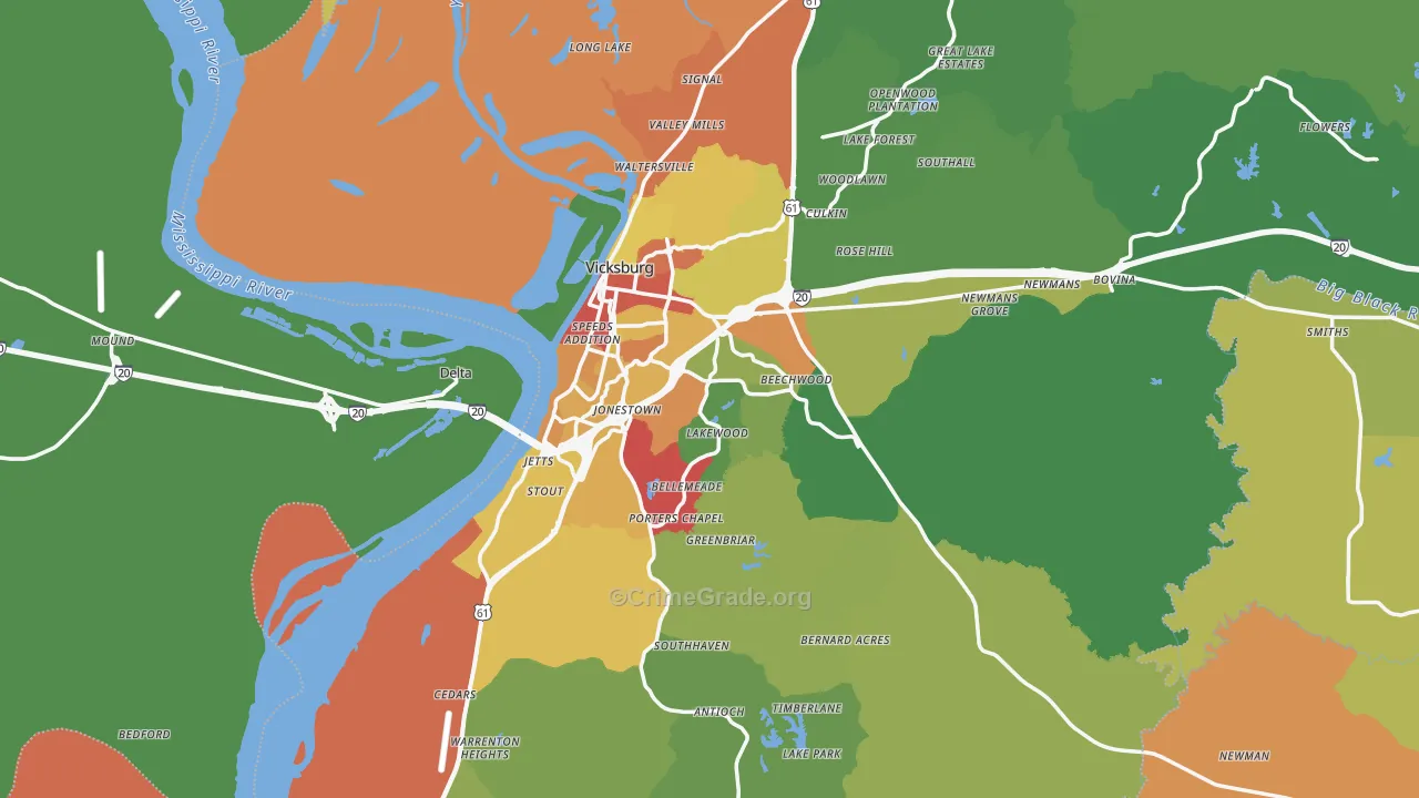 Vicksburg, MS Map of Burglary Rates