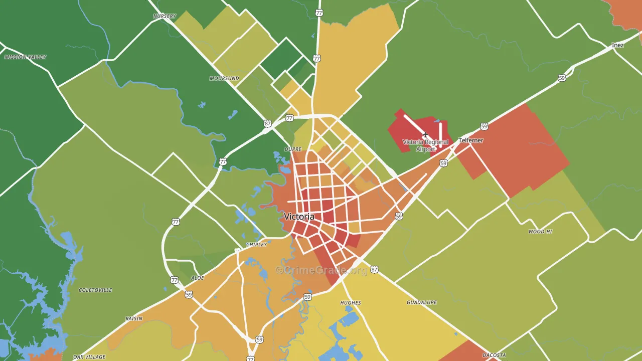 Victoria County, TX Map of Burglary Rates
