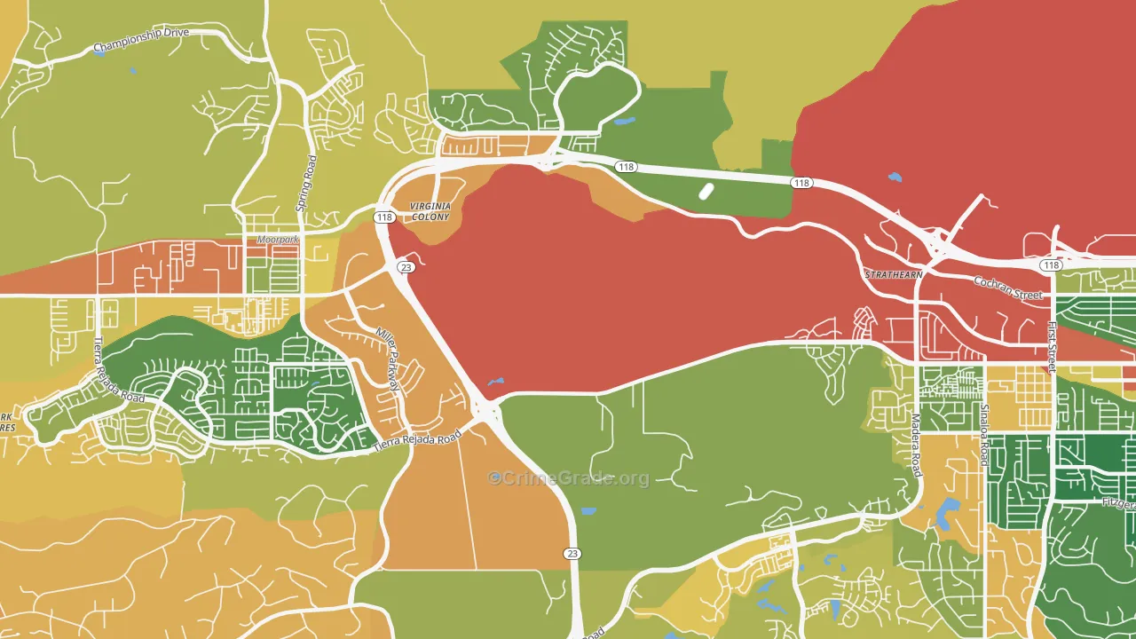 Virginia Colony, CA Map of Burglary Rates