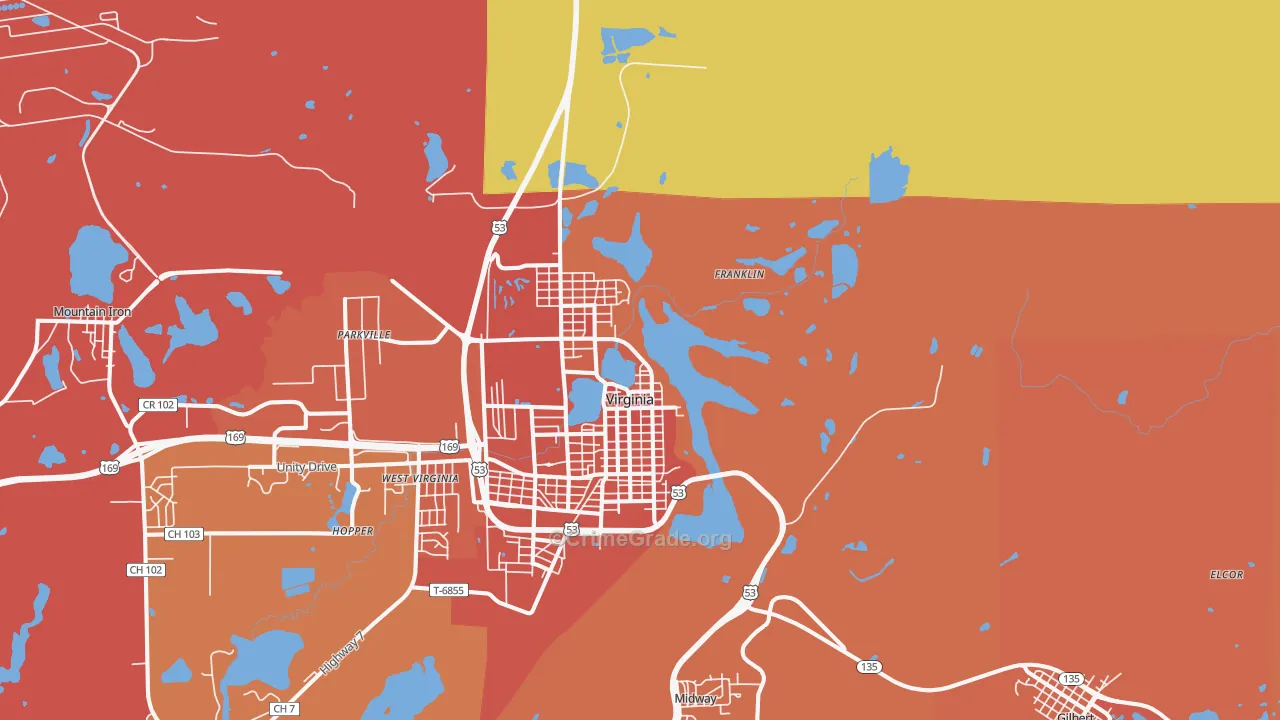 Virginia, MN Map of Burglary Rates