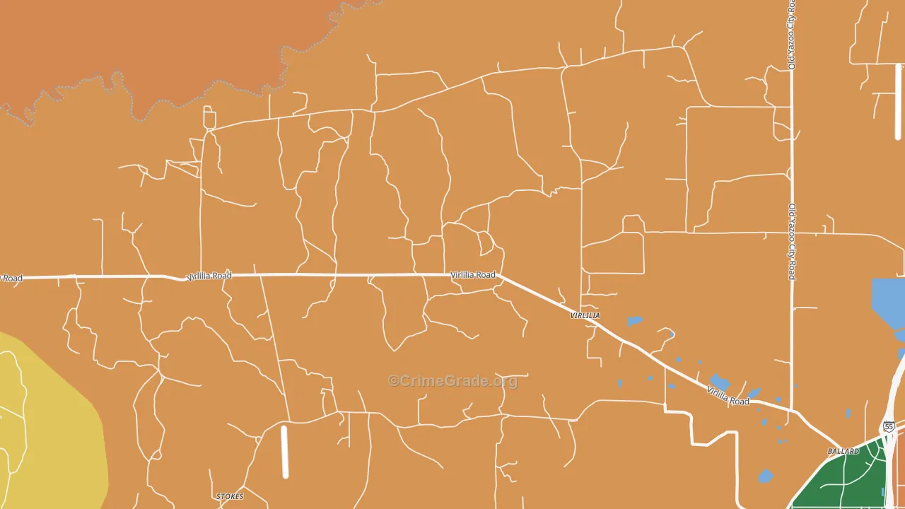 Virlilia, MS Map of Burglary Rates