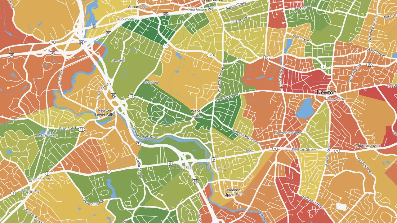 Waban, MA Map of Burglary Rates
