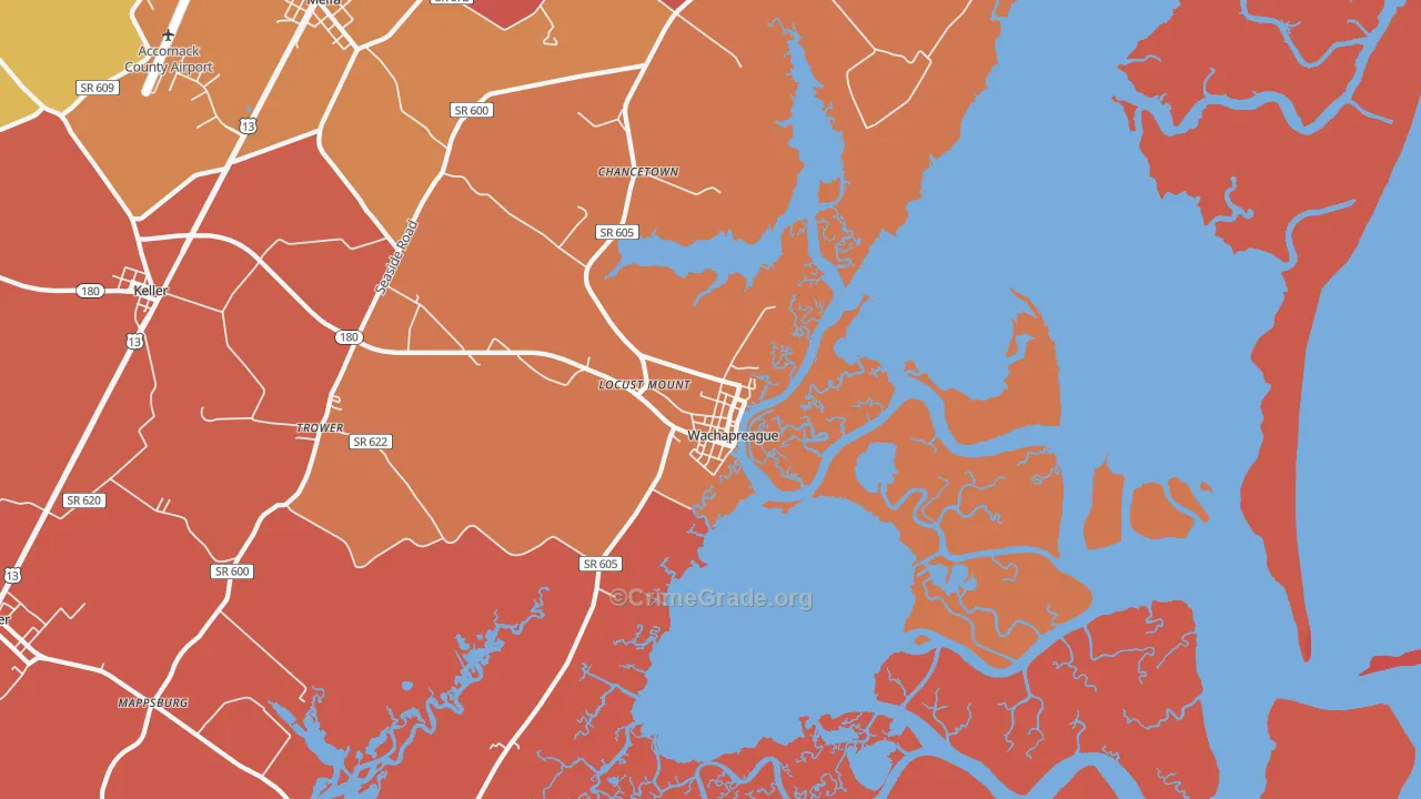 Wachapreague, VA Map of Burglary Rates