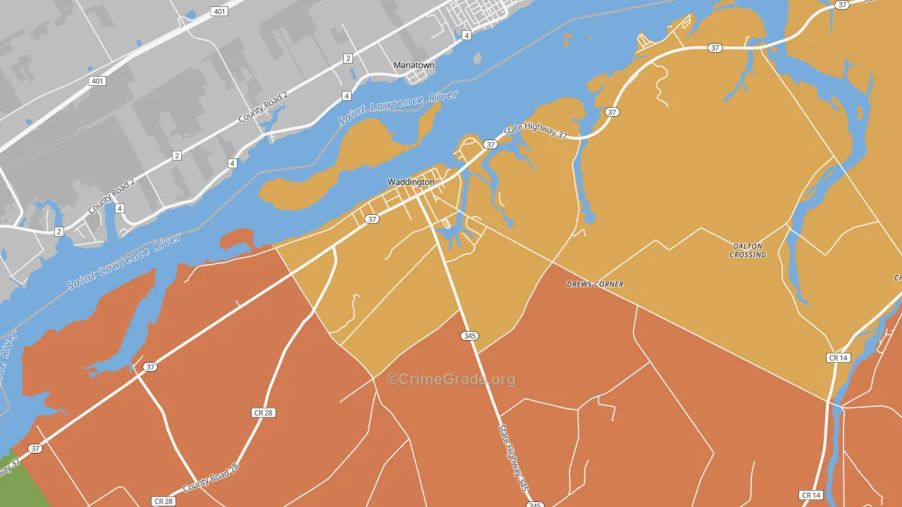 Waddington, NY Map of Burglary Rates