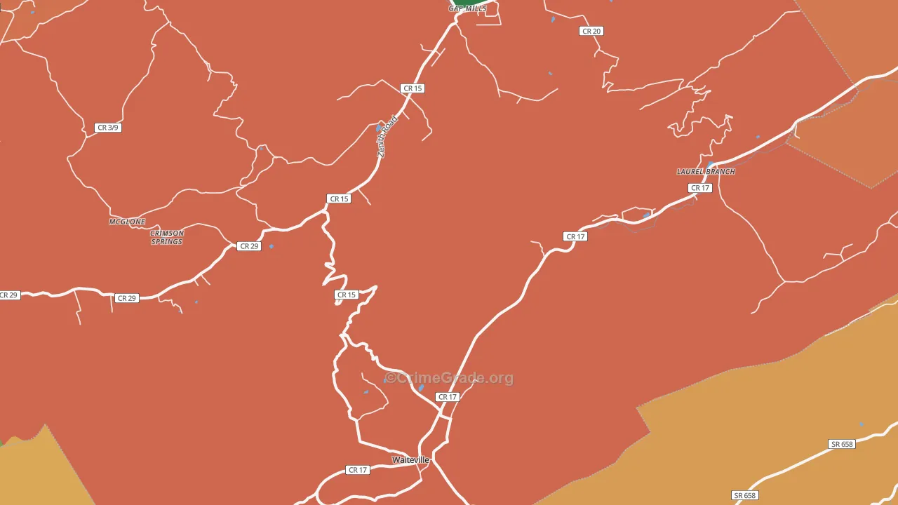Waiteville, WV Map of Burglary Rates