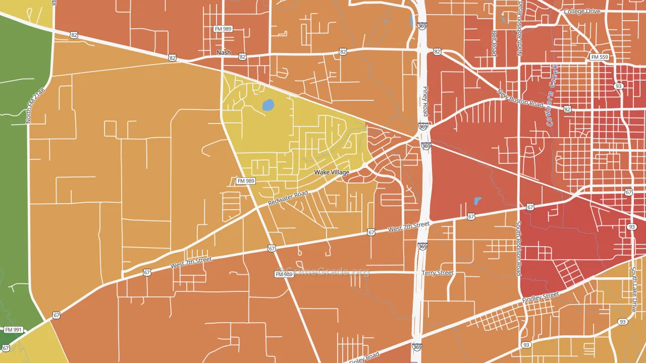 Wake Village, TX Map of Burglary Rates