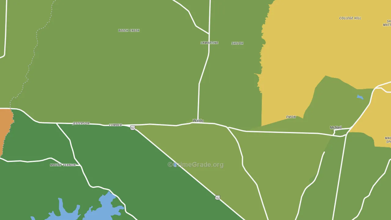 Waldo, AR Map of Burglary Rates