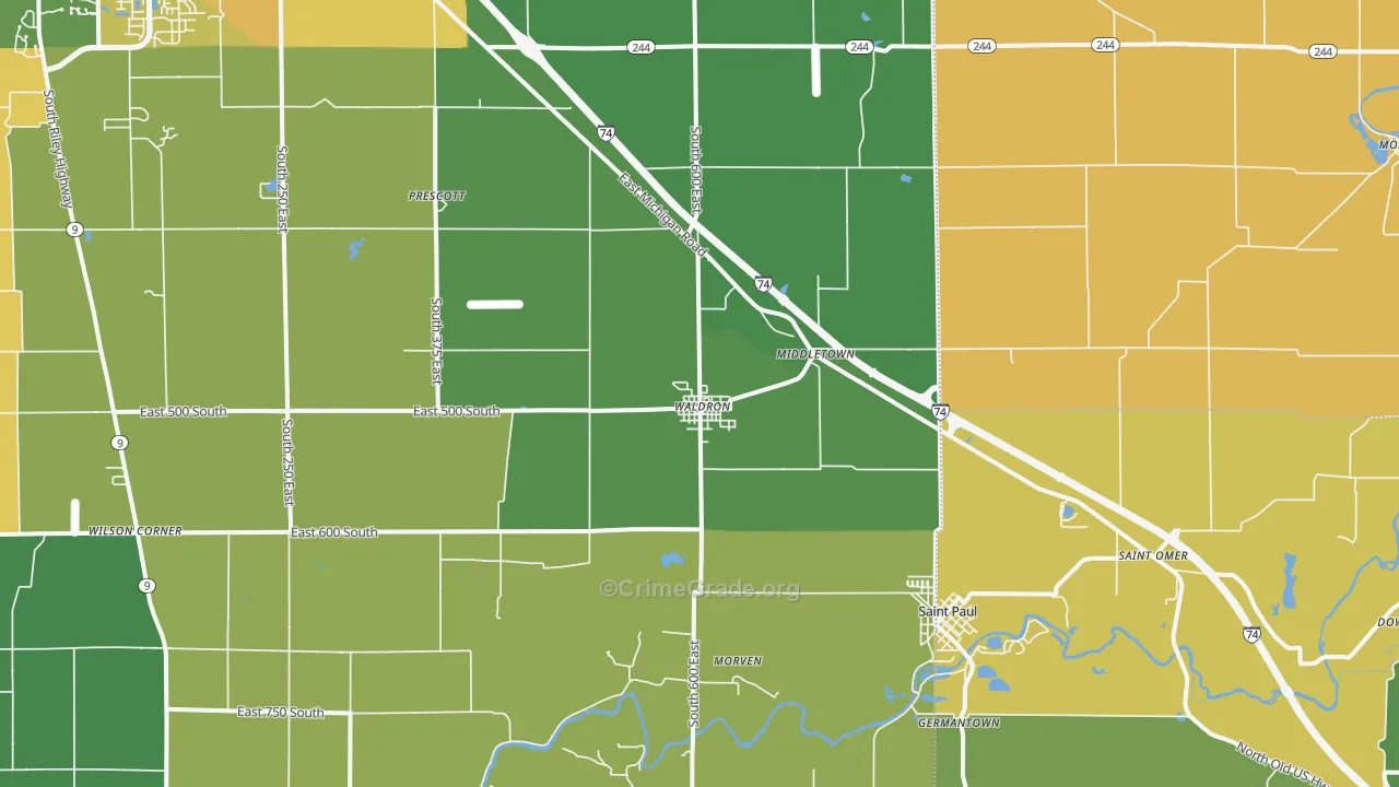 Waldron, IN Map of Burglary Rates