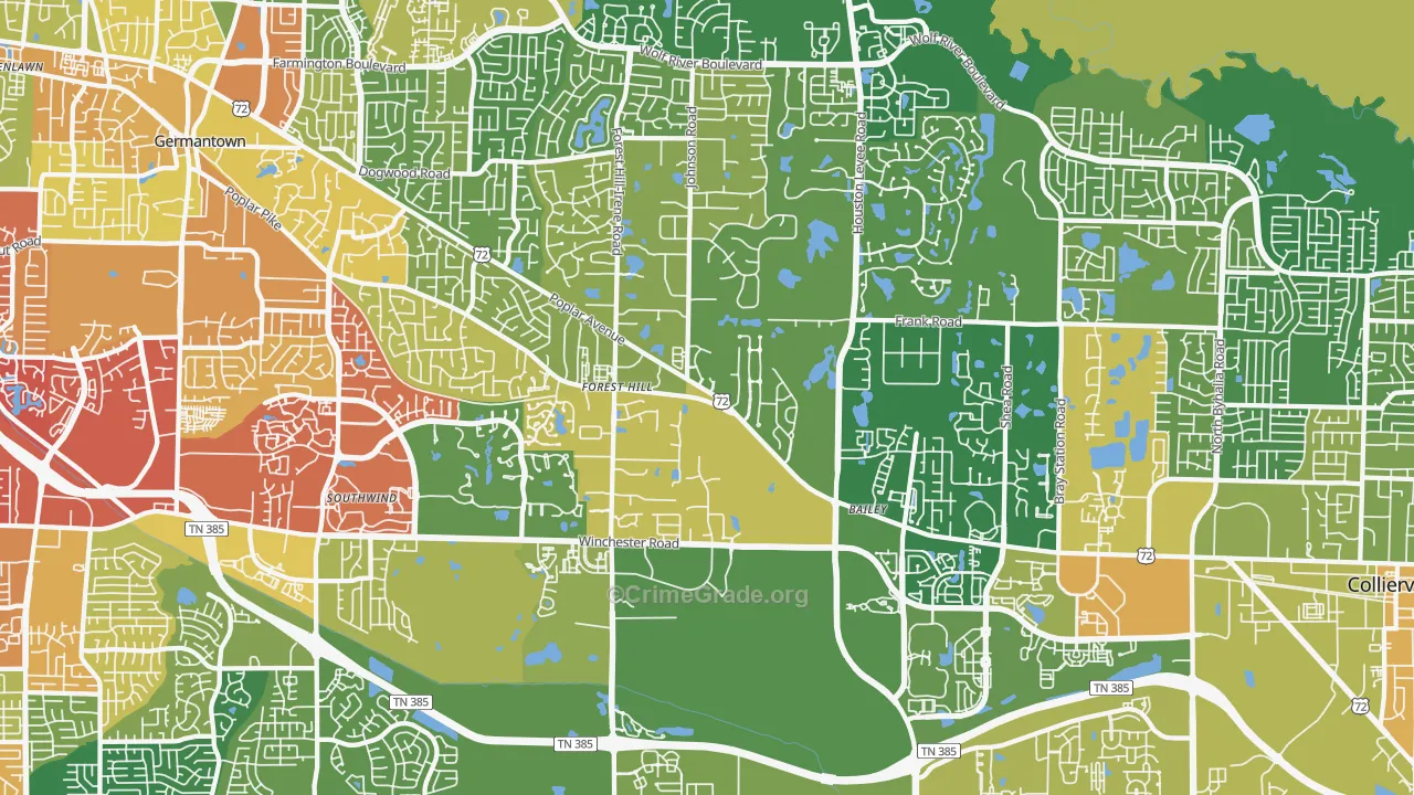 Walnut Grove - Shelby Farms PD, Germantown, TN Map of Burglary Rates