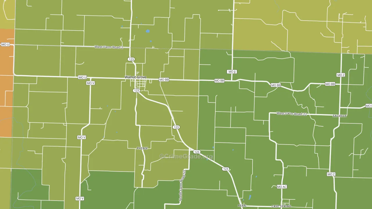Walnut Grove, MO Map of Burglary Rates