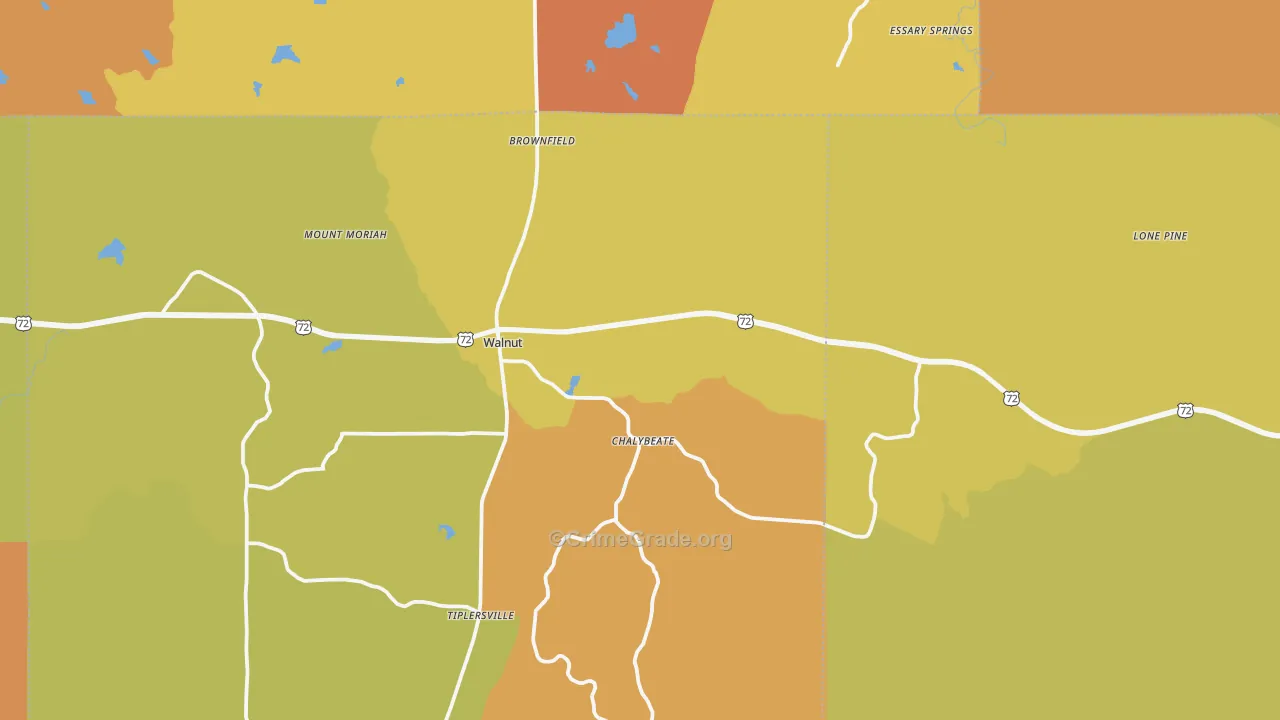 Walnut, MS Map of Burglary Rates