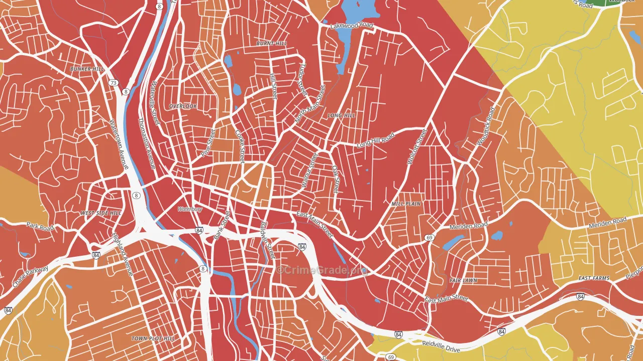 Walnut Orange Walsh, Waterbury, CT Map of Burglary Rates