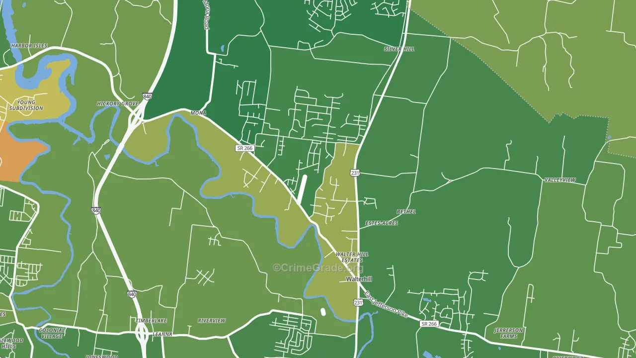 Walterhill, TN Map of Burglary Rates