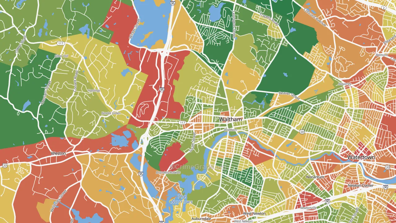 Waltham Highlands, Waltham, MA Map of Burglary Rates