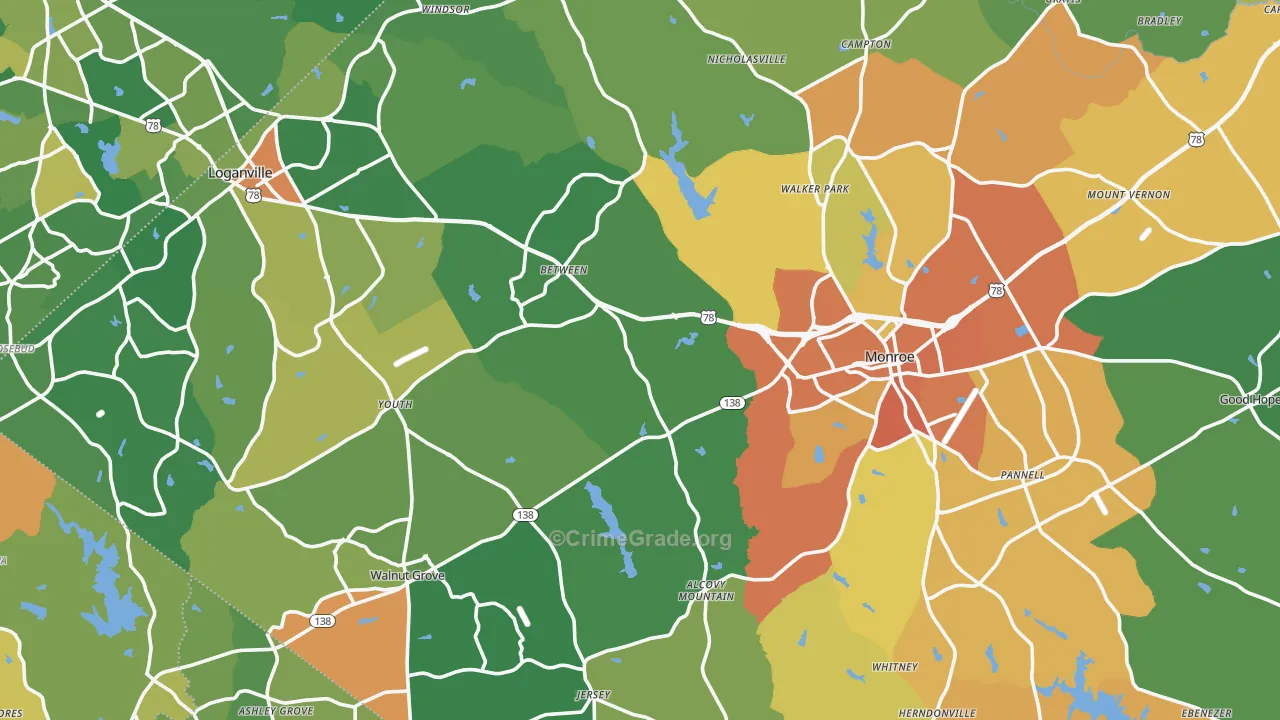 Walton County, GA Map of Burglary Rates