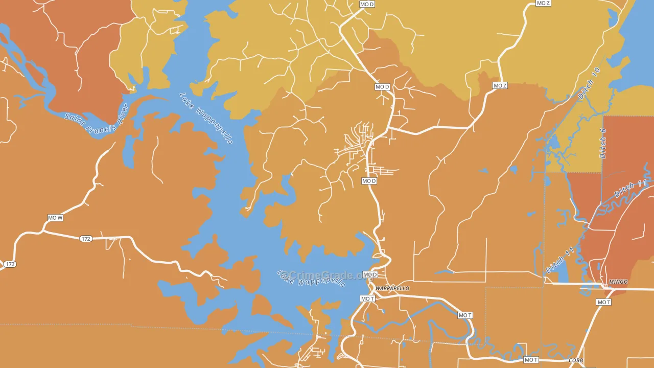 Wappapello, MO Map of Burglary Rates