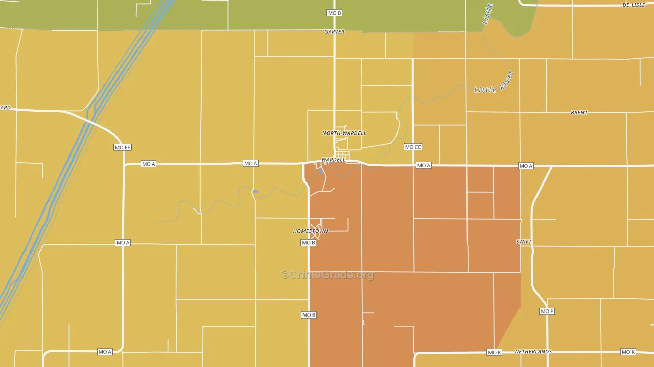 Wardell, MO Map of Burglary Rates