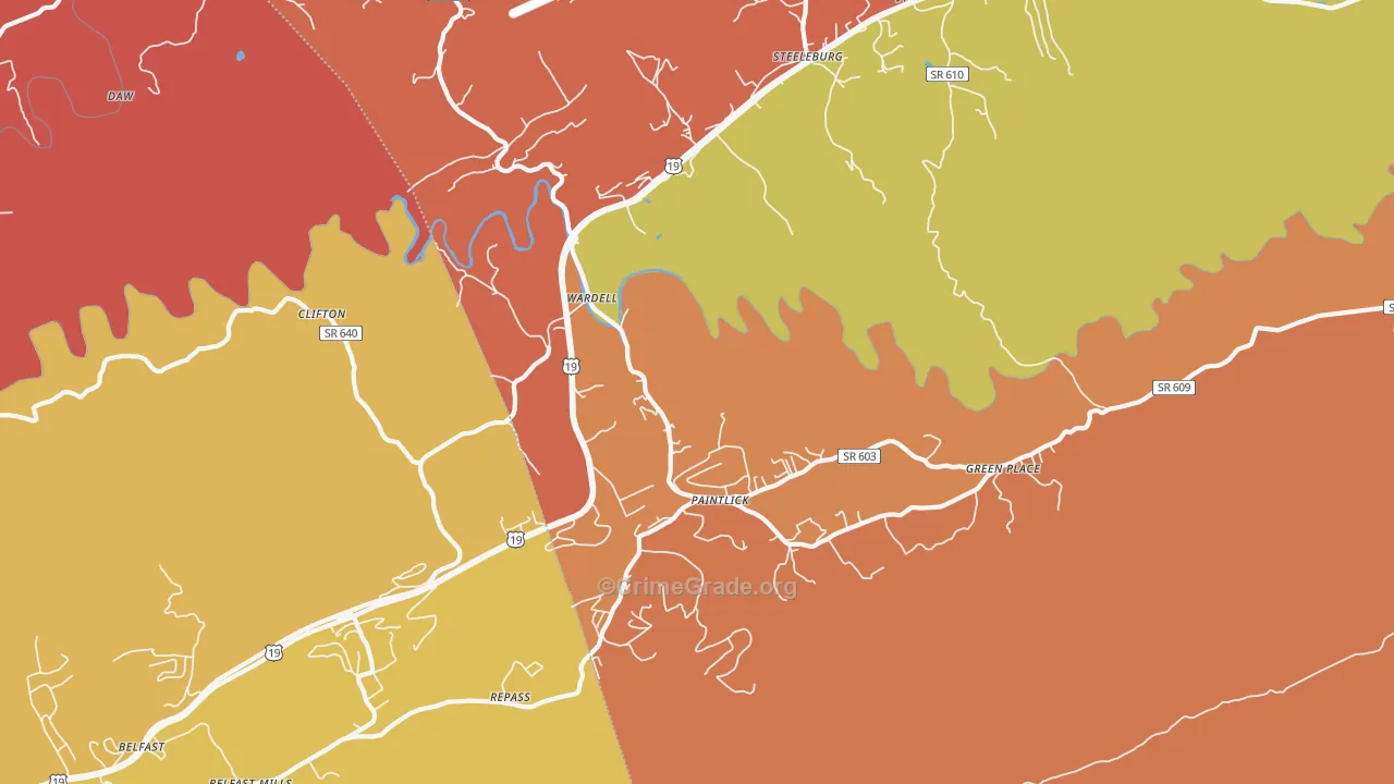 Wardell, VA Map of Burglary Rates