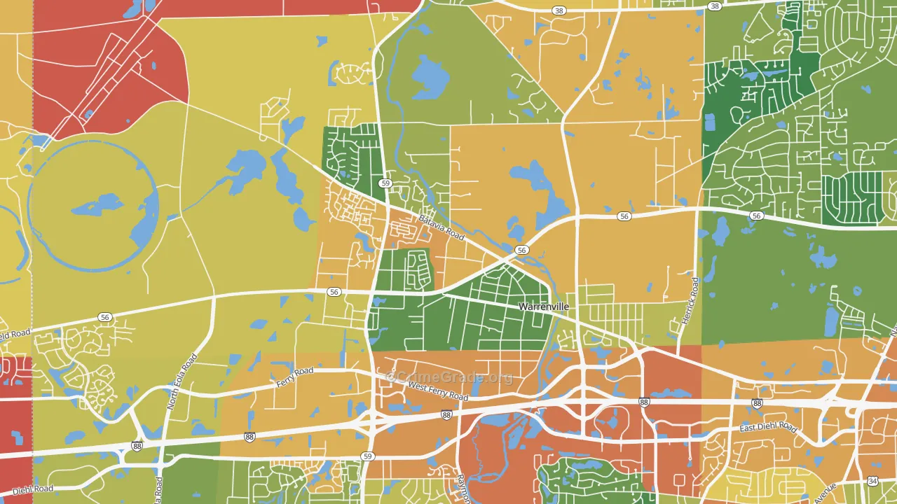 Warrenville, IL Map of Burglary Rates