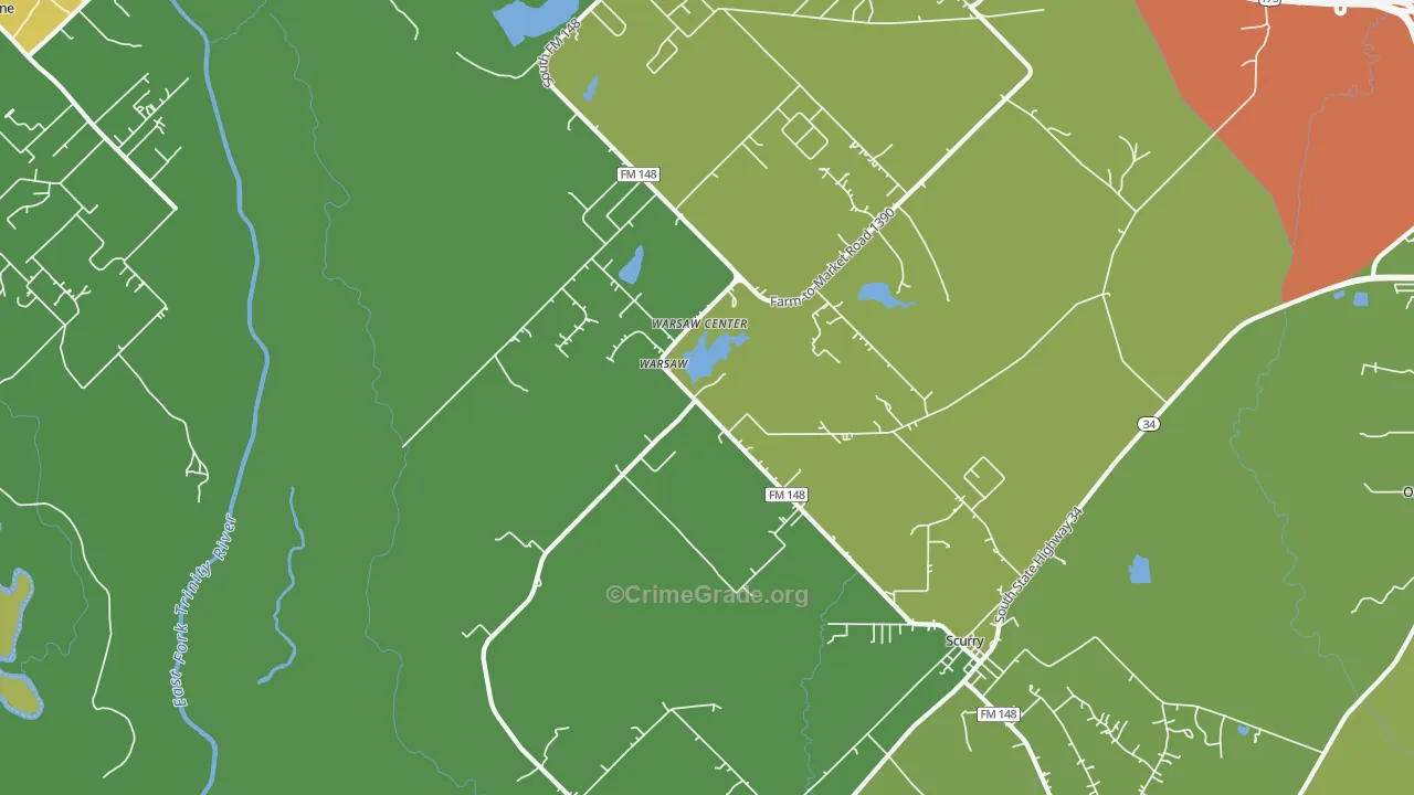 Warsaw, TX Map of Burglary Rates